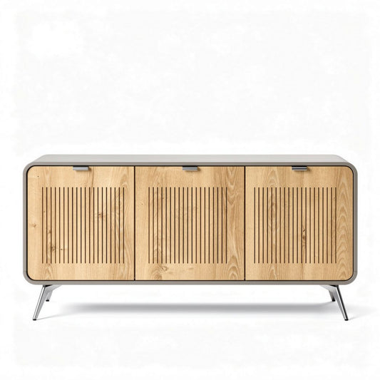 Stolik RTV z drewna naturalnego o wymiarach 150 x 40 x 75cm w kolorze jasnym